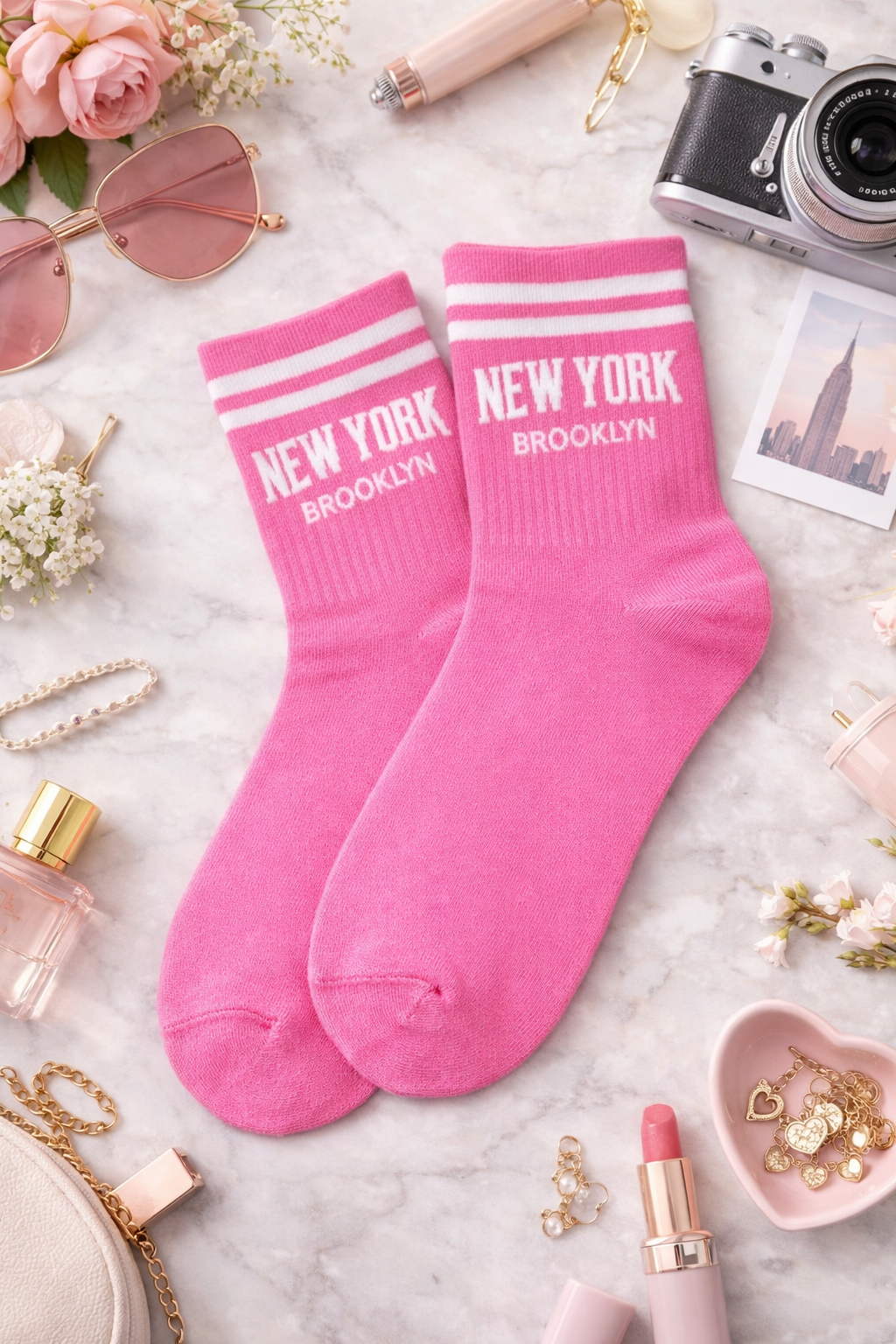 Chaussettes fantaisie roses “New York Brooklyn” – Taille unique