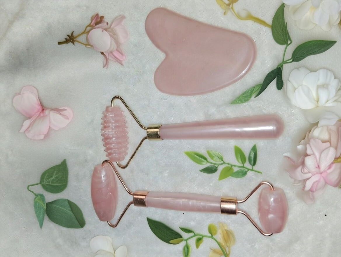 Set massage visage fantaisie en quartz rose – Roller & Gua Sha🩷🎀