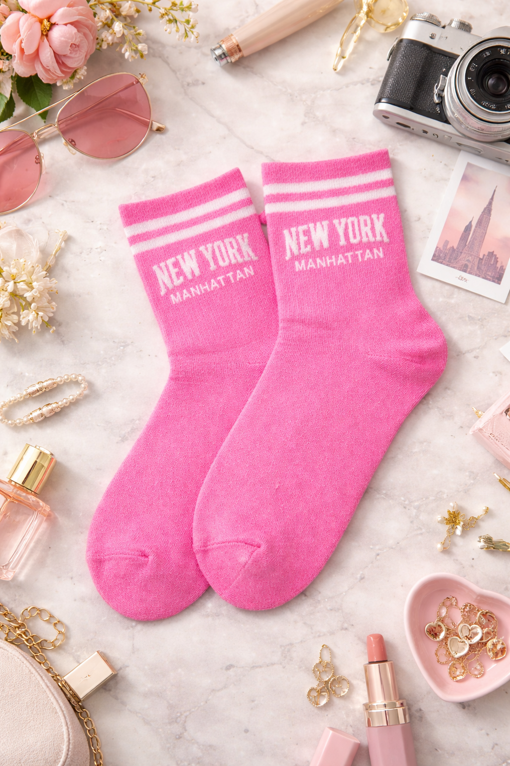 Chaussettes fantaisie roses “New York Manhattan” – Taille unique